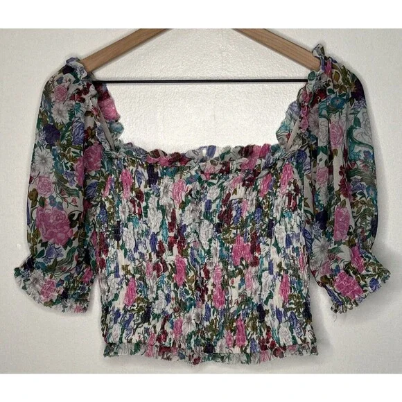 ASTR The Label Floral Smocked balloon Sleeve Top Small Pink Green Garden Party - Picture 1 of 4